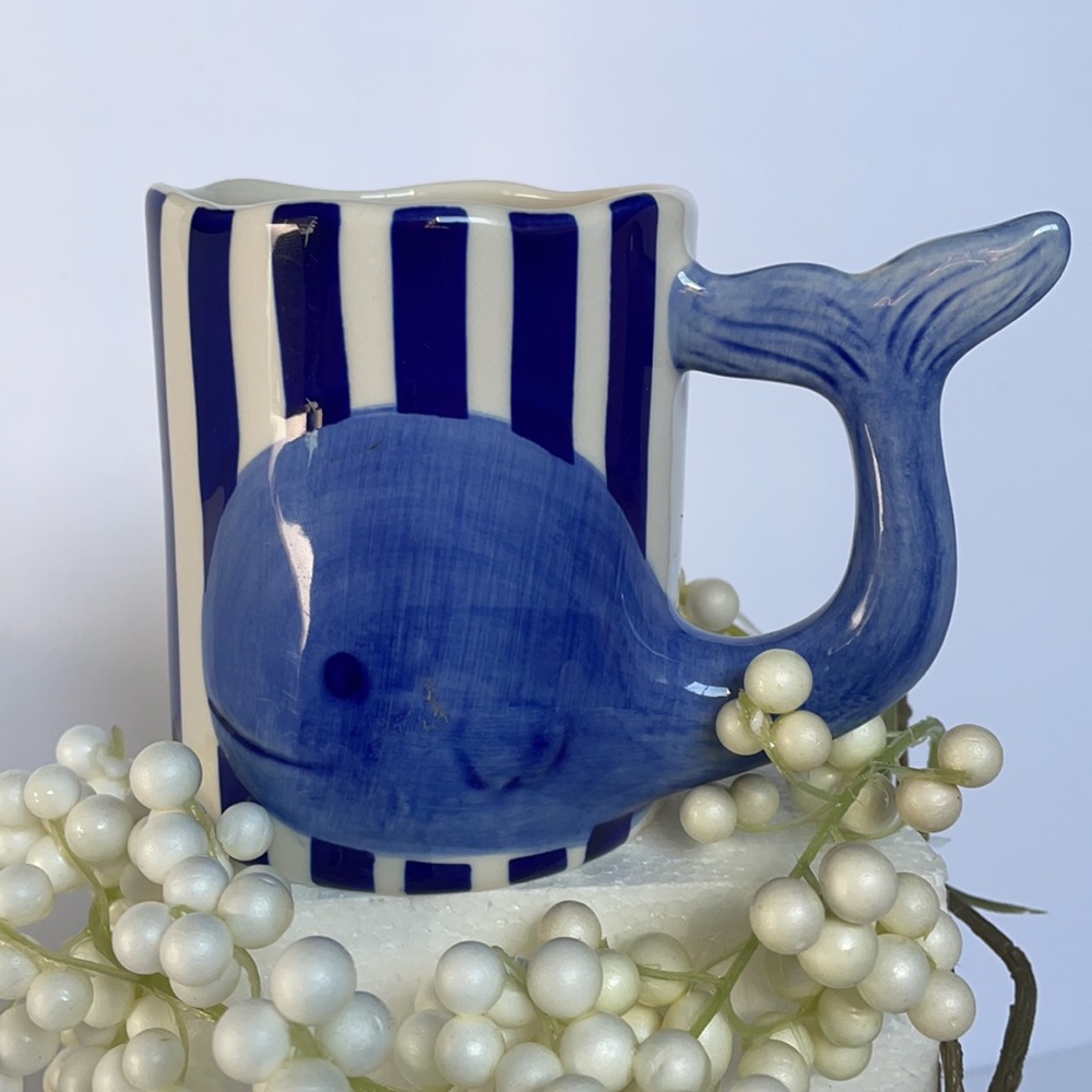 Striped Blue and White Whale Mug by The Old Pottery Company